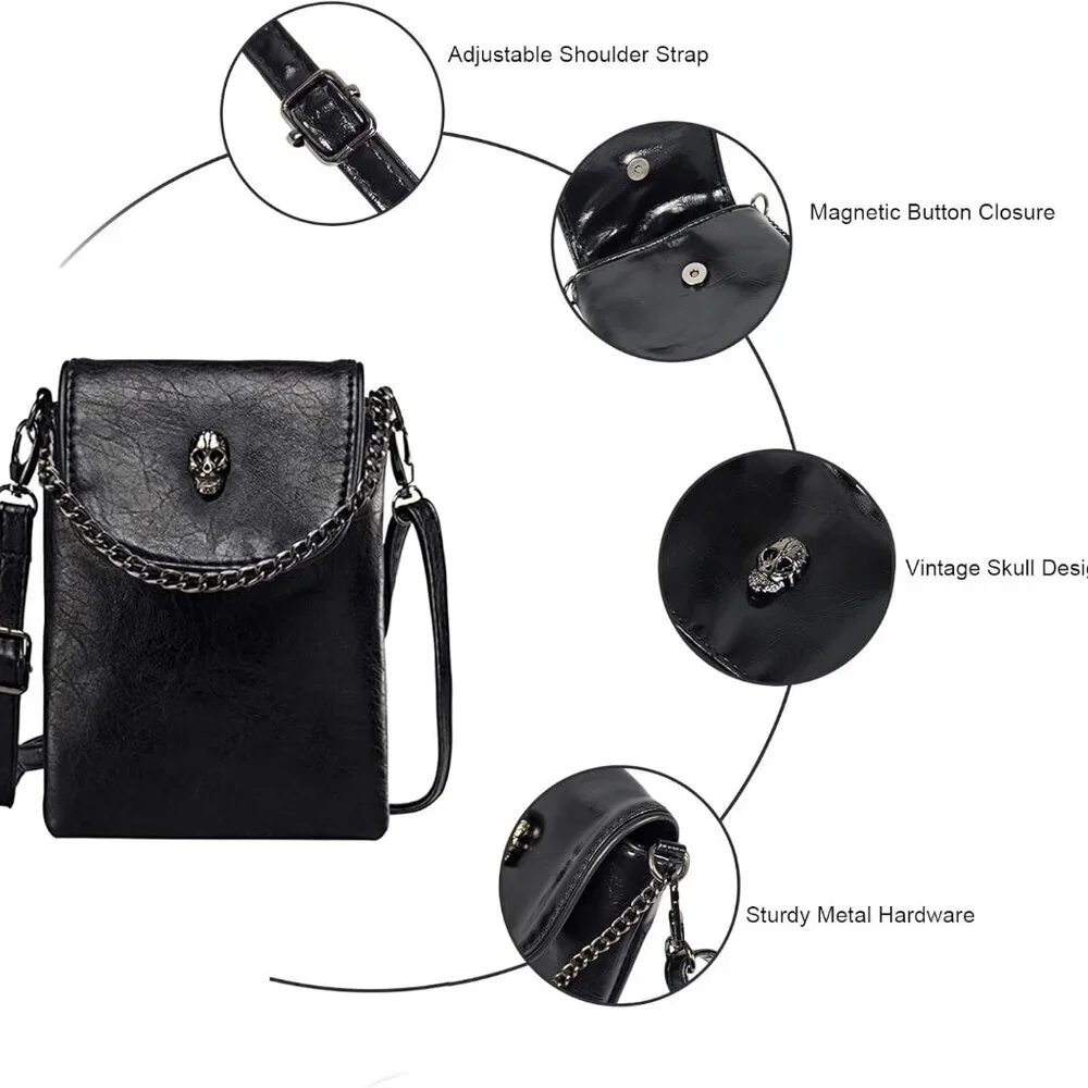 Small Crossbody Cell Phone Purse Gothic Leather Bag Shoulder Travel Purse - Picture 5 of 9